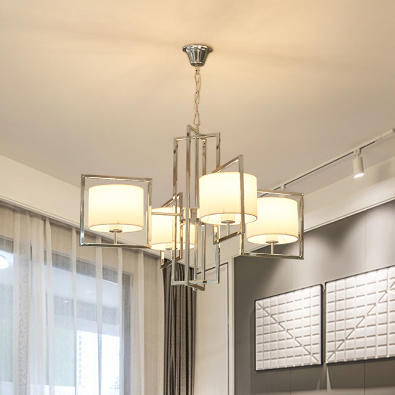 4 Lights Bedroom Chandelier Lighting Modern Chrome Hanging Ceiling Light with Cylinder Fabric Shade Clearhalo 'Ceiling Lights' 'Chandeliers' 'Modern Chandeliers' 'Modern' Lighting' 292678