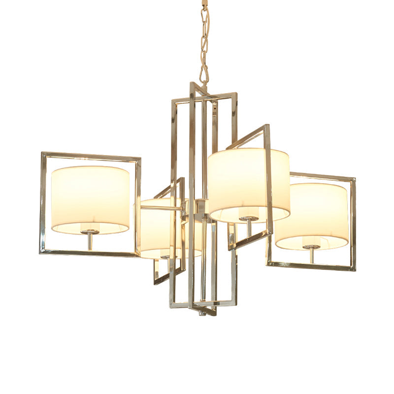 4 Lights Bedroom Chandelier Lighting Modern Chrome Hanging Ceiling Light with Cylinder Fabric Shade Clearhalo 'Ceiling Lights' 'Chandeliers' 'Modern Chandeliers' 'Modern' Lighting' 292680