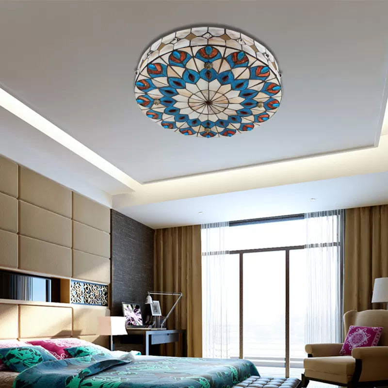 Bedroom Ceiling Lights Tiffany, 4 Lights Drum Flushmount Lighting with Peacock Pattern and Art Glass Shade Clearhalo 'Ceiling Lights' 'Close To Ceiling Lights' 'Close to ceiling' 'Flush mount' Lighting' 2927