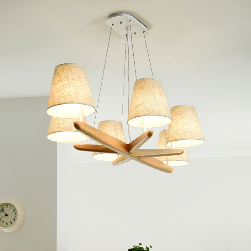 Flaxen Tapered Hanging Chandelier Nordic 6 Lights Fabric Pendant Light Fixture for Dining Room Flaxen Clearhalo 'Carpenter Chandeliers' 'Ceiling Lights' 'Chandeliers' 'Industrial' 'Modern Chandeliers' 'Modern' Lighting' 292713