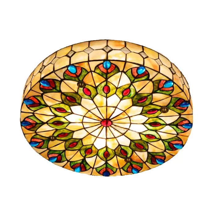 Bedroom Ceiling Lights Tiffany, 4 Lights Drum Flushmount Lighting with Peacock Pattern and Art Glass Shade Clearhalo 'Ceiling Lights' 'Close To Ceiling Lights' 'Close to ceiling' 'Flush mount' Lighting' 2929