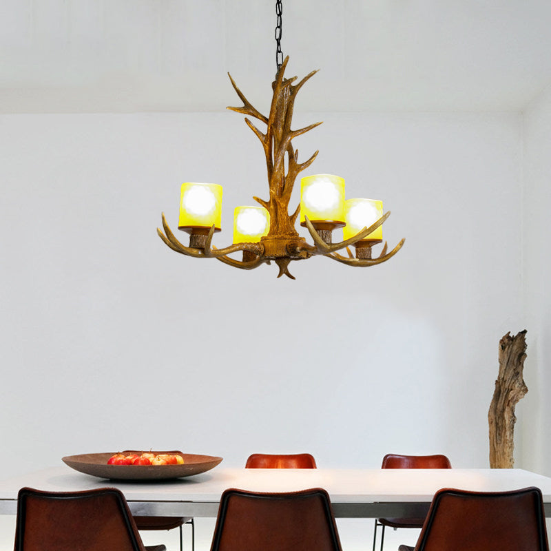Antler Bedroom Chandelier Lighting Cottage Resin 4/6 Bulbs Brown Hanging Pendant Lamp, 27.5"/35.5" Wide Clearhalo 'Ceiling Lights' 'Chandeliers' Lighting' options 292992