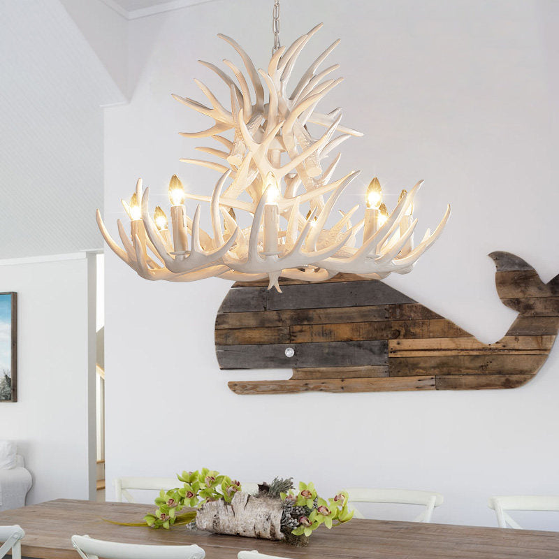 White Antler Chandelier Lighting Rustic Resin 21.5"/25.5"/27.5" Wide 9/12 Heads Living Room Ceiling Hang Fixture Clearhalo 'Ceiling Lights' 'Chandeliers' Lighting' options 293053