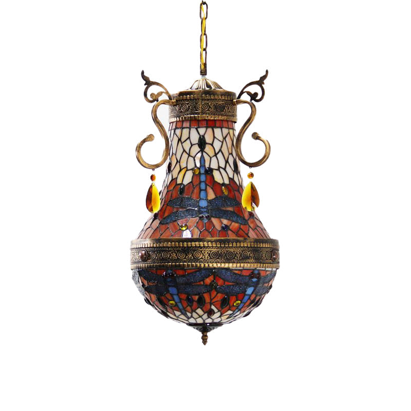 Dragonfly Chandelier 6 Lights Stained Glass Tiffany Pendant Lighting in Red/Yellow/Green for Dining Room Clearhalo 'Ceiling Lights' 'Chandeliers' 'Industrial' 'Middle Century Chandeliers' 'Tiffany Chandeliers' 'Tiffany close to ceiling' 'Tiffany' Lighting' 293094