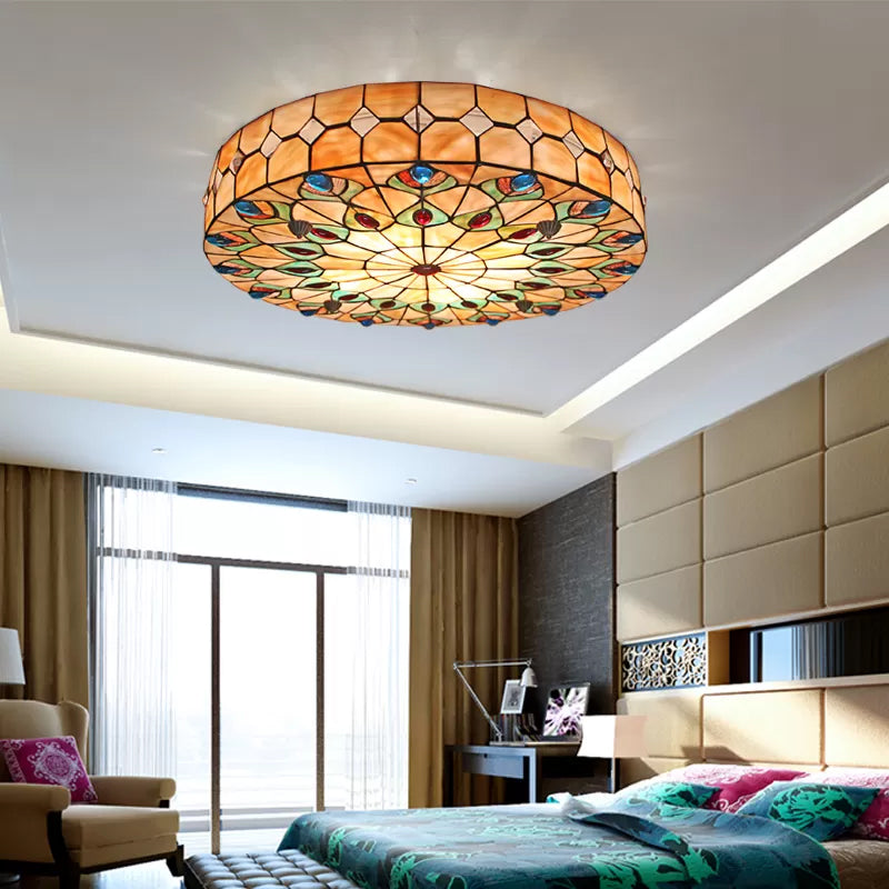 Bedroom Ceiling Lights Tiffany, 4 Lights Drum Flushmount Lighting with Peacock Pattern and Art Glass Shade Clearhalo 'Ceiling Lights' 'Close To Ceiling Lights' 'Close to ceiling' 'Flush mount' Lighting' 2931
