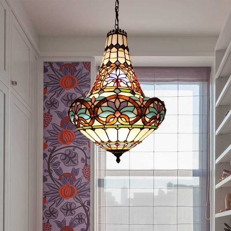 12"/16" Wide Antique Bronze Flower Chandelier Light Fixture Tiffany 3/5 Lights Stained Glass Ceiling Pendant Antique Bronze Clearhalo 'Ceiling Lights' 'Chandeliers' 'Industrial' 'Middle Century Chandeliers' 'Tiffany Chandeliers' 'Tiffany close to ceiling' 'Tiffany' Lighting' 293114