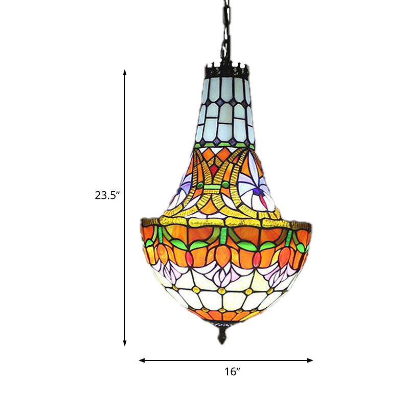 12"/16" Wide Flower Chandelier 3/5 Lights Stained Glass Tiffany Pendant Lighting Fixture in Antique Bronze Clearhalo 'Ceiling Lights' 'Chandeliers' 'Industrial' 'Middle Century Chandeliers' 'Tiffany Chandeliers' 'Tiffany close to ceiling' 'Tiffany' Lighting' 293131