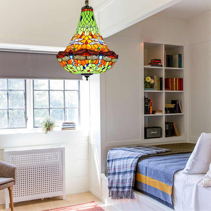 16"/19.5" Wide Dragonfly Chandelier Light Tiffany Stained Glass 5 Lights Blue/Green Pendant Lighting for Dining Room Clearhalo 'Ceiling Lights' 'Chandeliers' 'Glass shade' 'Glass' 'Industrial' 'Middle Century Chandeliers' 'Tiffany Chandeliers' 'Tiffany close to ceiling' 'Tiffany' Lighting' 293140