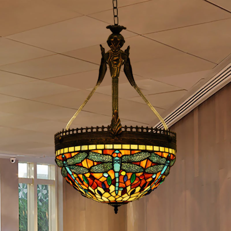 3 Lights Dragonfly Chandelier Light Fixture Tiffany Style Yellow/Orange/Pink and White Stained Glass Hanging Lamp Clearhalo 'Ceiling Lights' 'Chandeliers' 'Glass shade' 'Glass' 'Industrial' 'Middle Century Chandeliers' 'Tiffany Chandeliers' 'Tiffany close to ceiling' 'Tiffany' Lighting' 293160
