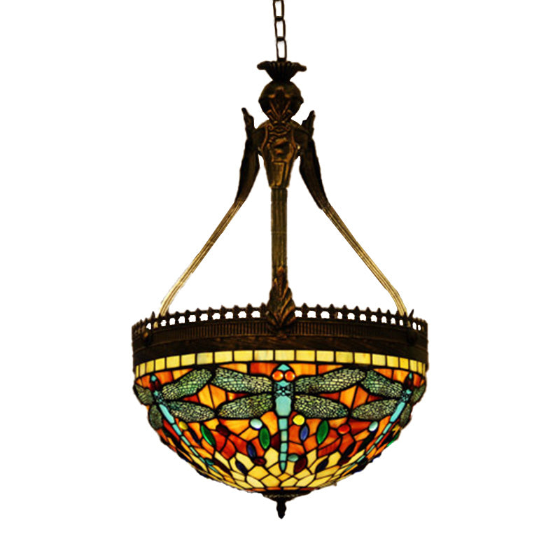 3 Lights Dragonfly Chandelier Light Fixture Tiffany Style Yellow/Orange/Pink and White Stained Glass Hanging Lamp Clearhalo 'Ceiling Lights' 'Chandeliers' 'Glass shade' 'Glass' 'Industrial' 'Middle Century Chandeliers' 'Tiffany Chandeliers' 'Tiffany close to ceiling' 'Tiffany' Lighting' 293162