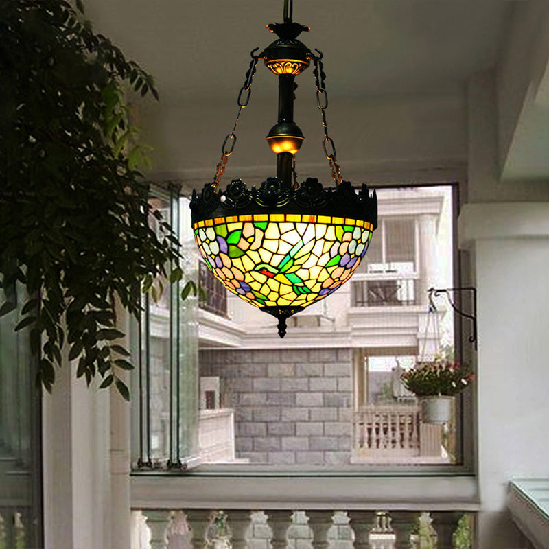 12"/16" Wide Antique Brass Floral Ceiling Chandelier Tiffany Style 3 Lights Stained Glass Hanging Lamp Kit Clearhalo 'Ceiling Lights' 'Chandeliers' 'Glass shade' 'Glass' 'Industrial' 'Middle Century Chandeliers' 'Tiffany Chandeliers' 'Tiffany close to ceiling' 'Tiffany' Lighting' 293177