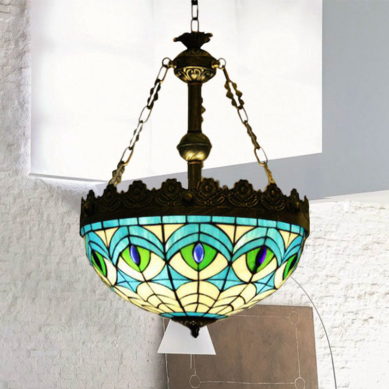3 Lights Hanging Chandelier Mediterranean Dragonfly/Heart/Geometric Stained Glass Pendant Light in Antique Brass Antique Brass Peacock Tail Clearhalo 'Ceiling Lights' 'Chandeliers' 'Glass shade' 'Glass' 'Industrial' 'Middle Century Chandeliers' 'Tiffany Chandeliers' 'Tiffany close to ceiling' 'Tiffany' Lighting' 293186