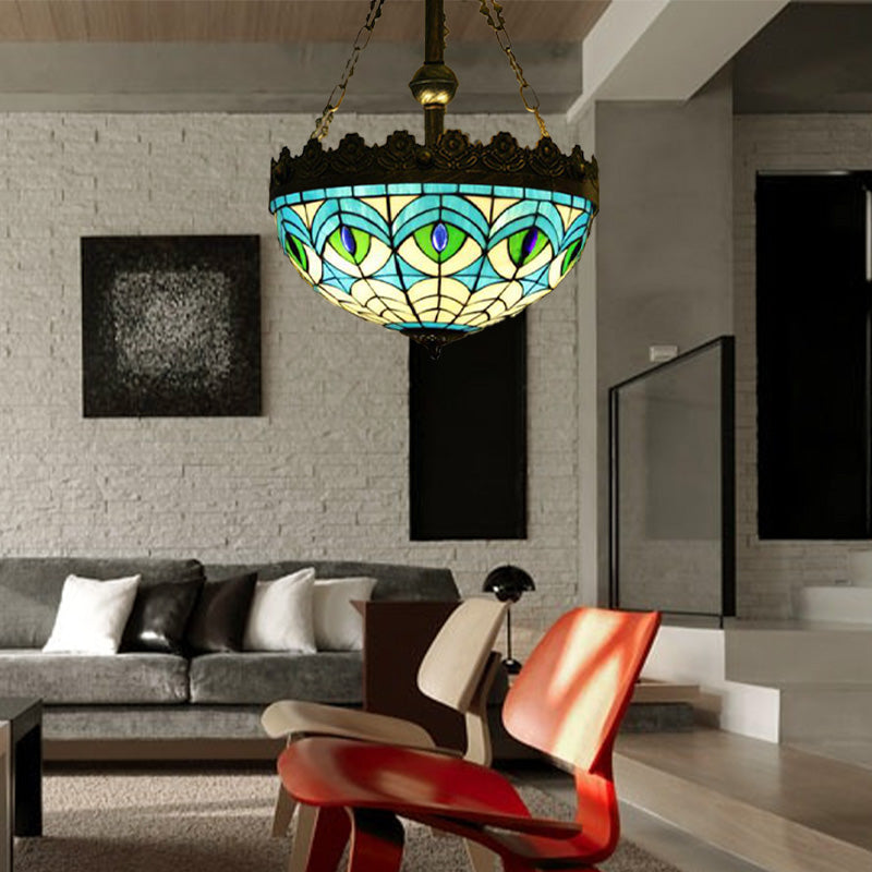 3 Lights Hanging Chandelier Mediterranean Dragonfly/Heart/Geometric Stained Glass Pendant Light in Antique Brass Clearhalo 'Ceiling Lights' 'Chandeliers' 'Glass shade' 'Glass' 'Industrial' 'Middle Century Chandeliers' 'Tiffany Chandeliers' 'Tiffany close to ceiling' 'Tiffany' Lighting' 293187
