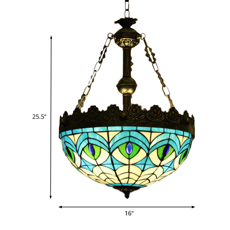 3 Lights Hanging Chandelier Mediterranean Dragonfly/Heart/Geometric Stained Glass Pendant Light in Antique Brass Clearhalo 'Ceiling Lights' 'Chandeliers' 'Glass shade' 'Glass' 'Industrial' 'Middle Century Chandeliers' 'Tiffany Chandeliers' 'Tiffany close to ceiling' 'Tiffany' Lighting' 293189