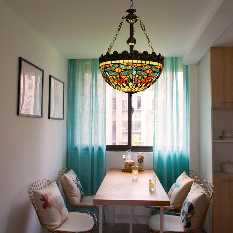 3 Lights Hanging Chandelier Mediterranean Dragonfly/Heart/Geometric Stained Glass Pendant Light in Antique Brass Clearhalo 'Ceiling Lights' 'Chandeliers' 'Glass shade' 'Glass' 'Industrial' 'Middle Century Chandeliers' 'Tiffany Chandeliers' 'Tiffany close to ceiling' 'Tiffany' Lighting' 293191