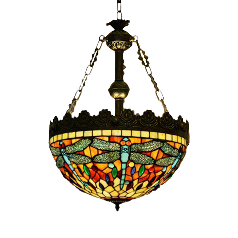 3 Lights Hanging Chandelier Mediterranean Dragonfly/Heart/Geometric Stained Glass Pendant Light in Antique Brass Clearhalo 'Ceiling Lights' 'Chandeliers' 'Glass shade' 'Glass' 'Industrial' 'Middle Century Chandeliers' 'Tiffany Chandeliers' 'Tiffany close to ceiling' 'Tiffany' Lighting' 293192