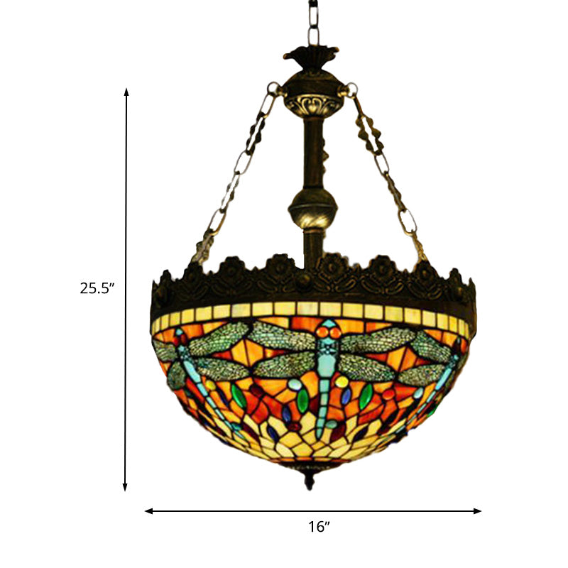 3 Lights Hanging Chandelier Mediterranean Dragonfly/Heart/Geometric Stained Glass Pendant Light in Antique Brass Clearhalo 'Ceiling Lights' 'Chandeliers' 'Glass shade' 'Glass' 'Industrial' 'Middle Century Chandeliers' 'Tiffany Chandeliers' 'Tiffany close to ceiling' 'Tiffany' Lighting' 293193
