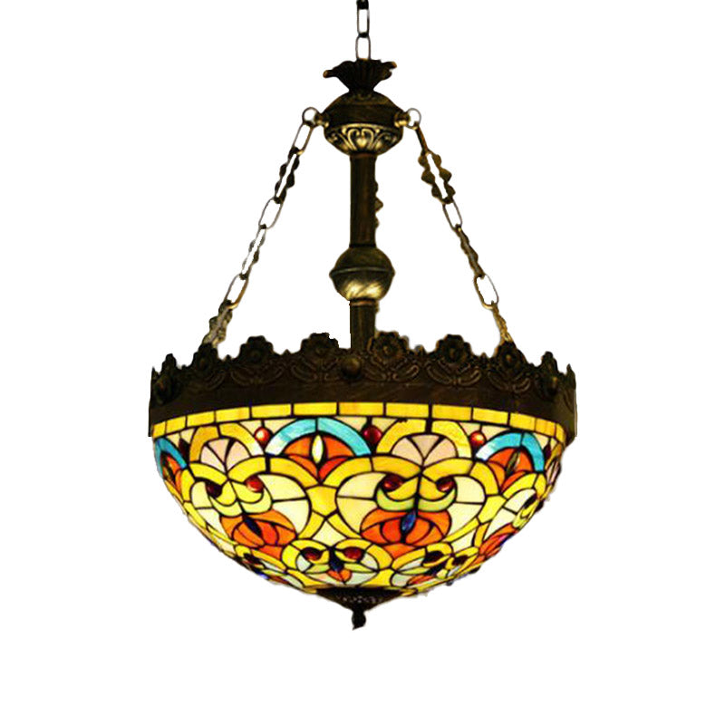 3 Lights Hanging Chandelier Mediterranean Dragonfly/Heart/Geometric Stained Glass Pendant Light in Antique Brass Clearhalo 'Ceiling Lights' 'Chandeliers' 'Glass shade' 'Glass' 'Industrial' 'Middle Century Chandeliers' 'Tiffany Chandeliers' 'Tiffany close to ceiling' 'Tiffany' Lighting' 293196