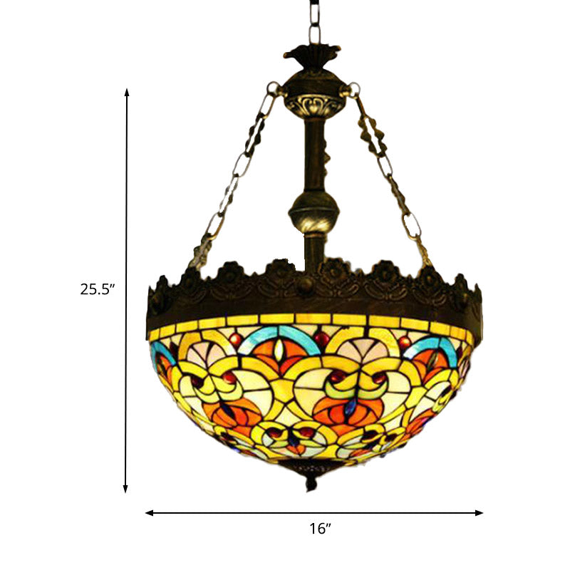 3 Lights Hanging Chandelier Mediterranean Dragonfly/Heart/Geometric Stained Glass Pendant Light in Antique Brass Clearhalo 'Ceiling Lights' 'Chandeliers' 'Glass shade' 'Glass' 'Industrial' 'Middle Century Chandeliers' 'Tiffany Chandeliers' 'Tiffany close to ceiling' 'Tiffany' Lighting' 293197