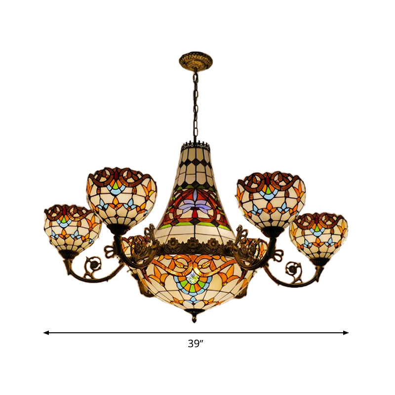 11/13 Lights Dining Room Pendant Chandelier Tiffany Brass Down Lighting with Dome Stained Glass Shade, 39"/47" Wide Clearhalo 'Ceiling Lights' 'Chandeliers' 'Industrial' 'Middle Century Chandeliers' 'Tiffany Chandeliers' 'Tiffany close to ceiling' 'Tiffany' Lighting' 293220