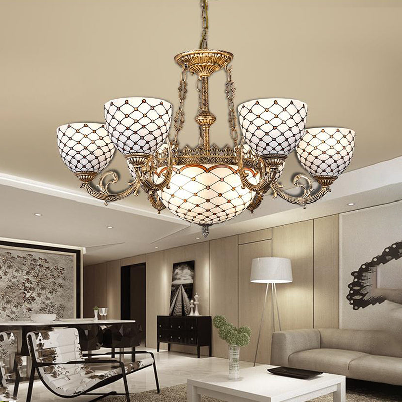 Beaded Chandelier Tiffany Style Stained Glass 3/5/9 Lights Antique Brass Hanging Pendant, 23"/24.5"/31.5" Wide Clearhalo 'Ceiling Lights' 'Chandeliers' 'Glass shade' 'Glass' 'Industrial' 'Middle Century Chandeliers' 'Tiffany Chandeliers' 'Tiffany close to ceiling' 'Tiffany' Lighting' 293233