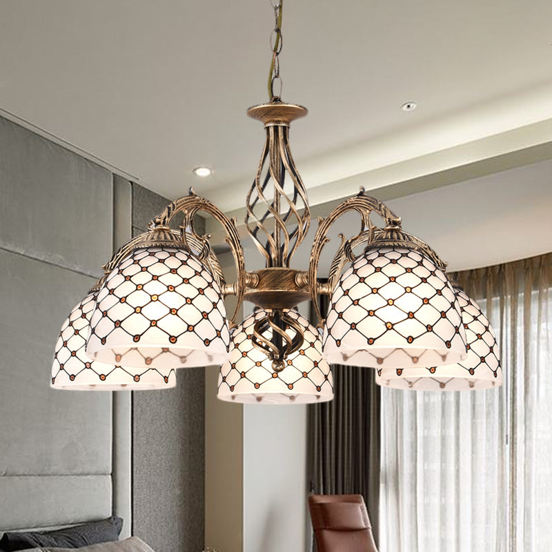 Beaded Chandelier Tiffany Style Stained Glass 3/5/9 Lights Antique Brass Hanging Pendant, 23"/24.5"/31.5" Wide Antique Brass 24.5" Clearhalo 'Ceiling Lights' 'Chandeliers' 'Glass shade' 'Glass' 'Industrial' 'Middle Century Chandeliers' 'Tiffany Chandeliers' 'Tiffany close to ceiling' 'Tiffany' Lighting' 293240