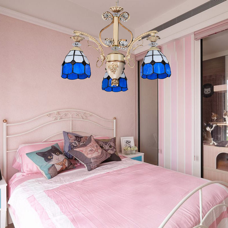 Baroque Dome Shape Chandelier Light 5/9/11 Lights Cut Glass Pendant Lighting Fixture in Blue, 23.5"/31.5"/35.5" Wide Clearhalo 'Ceiling Lights' 'Chandeliers' 'Glass shade' 'Glass' 'Industrial' 'Island Lights' 'Middle Century Chandeliers' 'Tiffany Chandeliers' 'Tiffany close to ceiling' 'Tiffany' Lighting' 293251