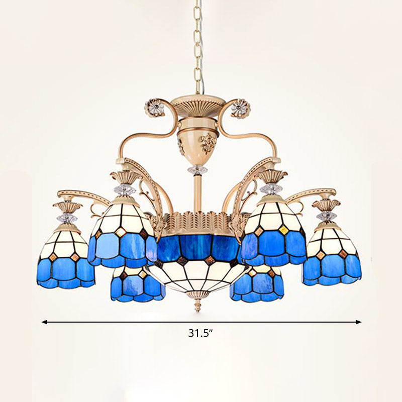 Baroque Dome Shape Chandelier Light 5/9/11 Lights Cut Glass Pendant Lighting Fixture in Blue, 23.5"/31.5"/35.5" Wide Clearhalo 'Ceiling Lights' 'Chandeliers' 'Glass shade' 'Glass' 'Industrial' 'Island Lights' 'Middle Century Chandeliers' 'Tiffany Chandeliers' 'Tiffany close to ceiling' 'Tiffany' Lighting' 293260