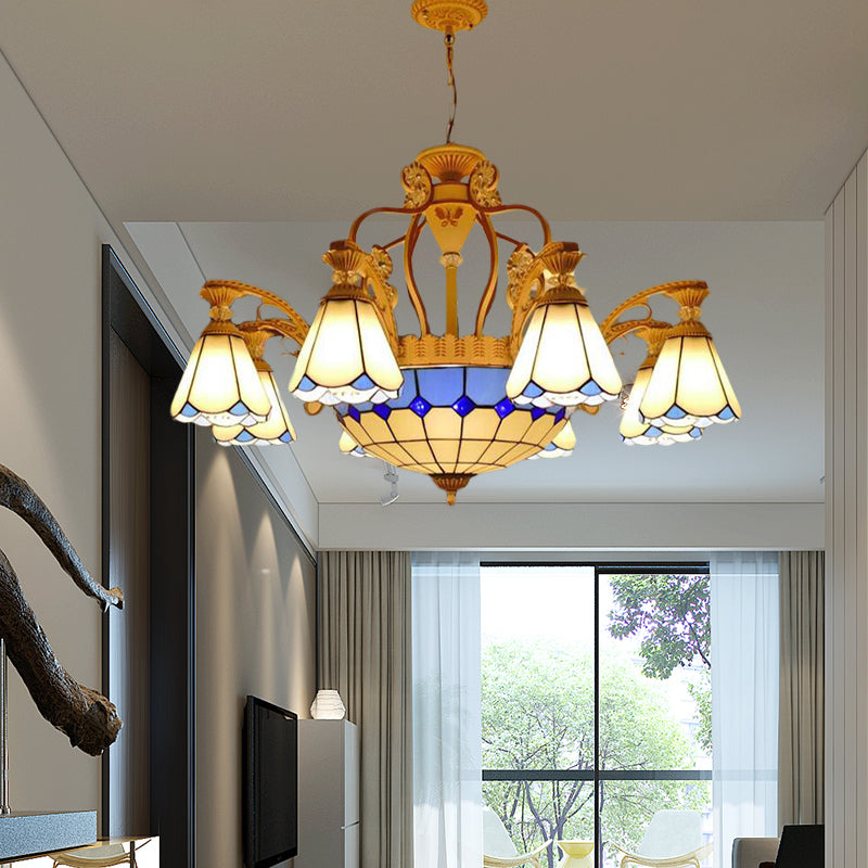 31.5"/37.5" Wide Cone Stained Glass Pendant Chandelier Baroque Style 8/11 Lights White/Blue Suspension Lighting White 37.5" Clearhalo 'Ceiling Lights' 'Chandeliers' 'Industrial' 'Middle Century Chandeliers' 'Tiffany Chandeliers' 'Tiffany close to ceiling' 'Tiffany' Lighting' 293308