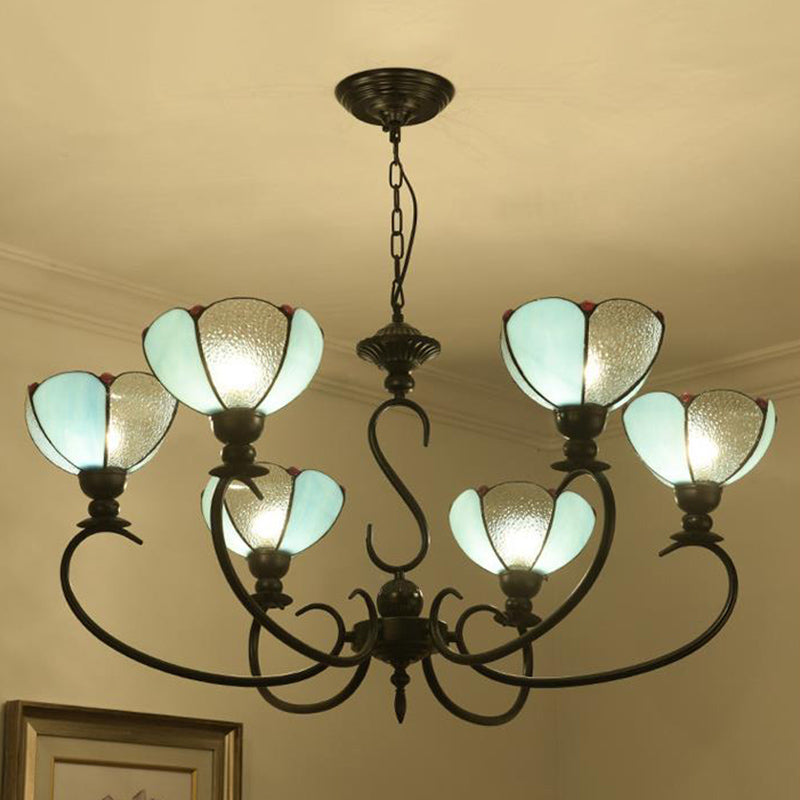 Scalloped Chandelier 3/5/6/8 Lights Blue/Blue and Clear Glass Baroque Pendant Lamp for Dining Room 6 Blue-Clear Clearhalo 'Ceiling Lights' 'Chandeliers' 'Close To Ceiling Lights' 'Industrial' 'Middle Century Chandeliers' 'Tiffany Chandeliers' 'Tiffany close to ceiling' 'Tiffany' Lighting' 293351