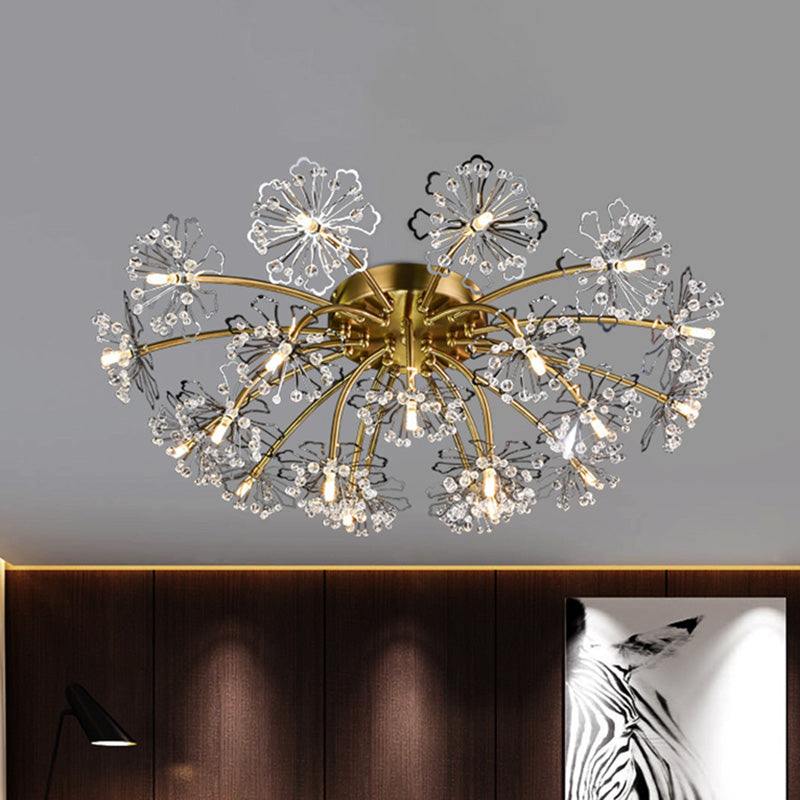 Gold Dandelion Semi Flush Mount Postmodern Crystal Beaded 21 Lights Dining Room Ceiling Lighting Gold Clearhalo 'Ceiling Lights' 'Close To Ceiling Lights' 'Close to ceiling' 'Semi-flushmount' Lighting' 293422