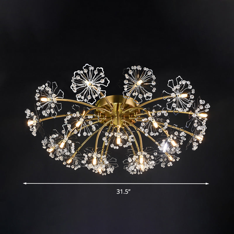 Gold Dandelion Semi Flush Mount Postmodern Crystal Beaded 21 Lights Dining Room Ceiling Lighting Clearhalo 'Ceiling Lights' 'Close To Ceiling Lights' 'Close to ceiling' 'Semi-flushmount' Lighting' 293426