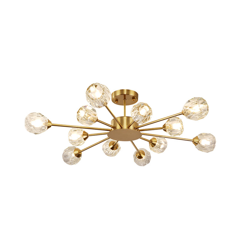 Clear Faceted Crystal Gold Ceiling Lamp Sputnik 12 Heads Postmodern Semi Flush Mount Light Fixture Clearhalo 'Ceiling Lights' 'Close To Ceiling Lights' 'Close to ceiling' 'Semi-flushmount' Lighting' 293431