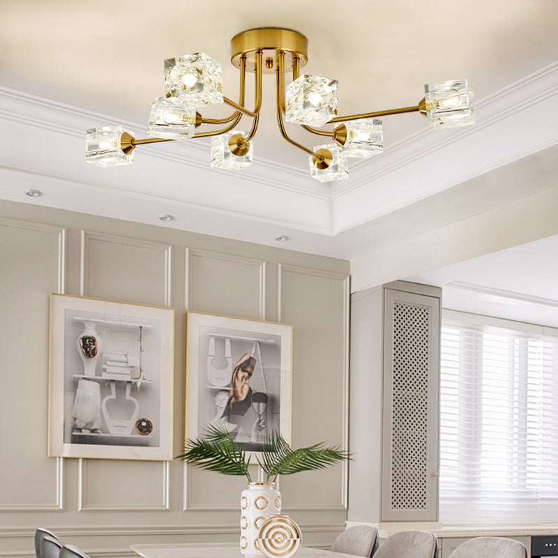 Postmodern Curved Arm Semi Flush Mount Light 8 Heads Cubic Crystal Ceiling Fixture in Gold Clearhalo 'Ceiling Lights' 'Close To Ceiling Lights' 'Close to ceiling' 'Semi-flushmount' Lighting' 293436
