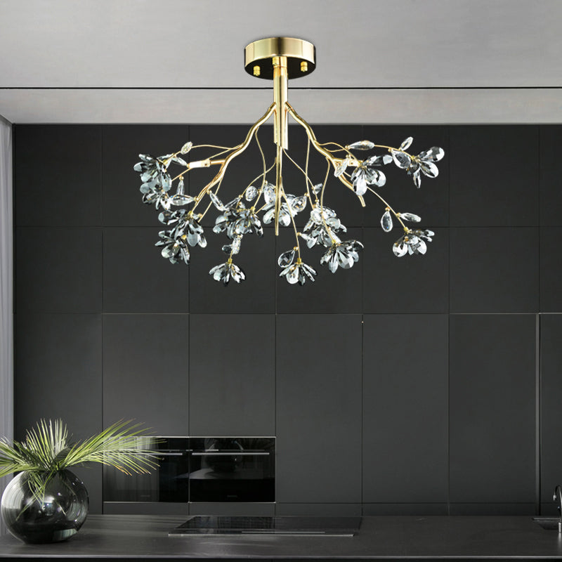 3 Heads Branch Semi Flush Mount Light Fixture Postmodern Gold Leaf Crystal Ceiling Lamp Clearhalo 'Ceiling Lights' 'Close To Ceiling Lights' 'Close to ceiling' 'Semi-flushmount' Lighting' 293448