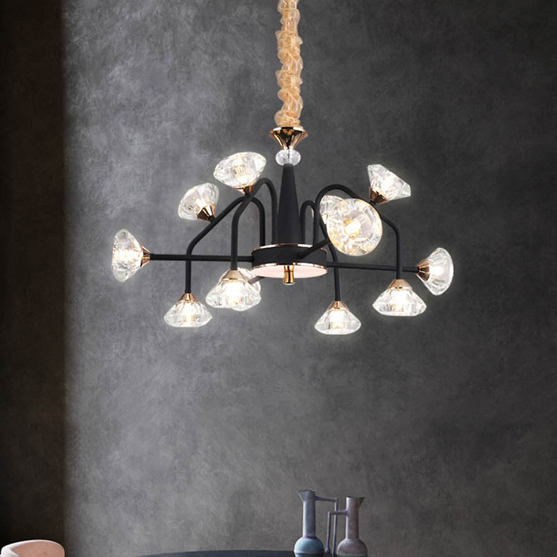 Black 9/12 Lights Chandelier Light Modern Pyramid Crystal Curved Arm Hanging Ceiling Light Clearhalo 'Ceiling Lights' 'Chandeliers' Lighting' options 293457