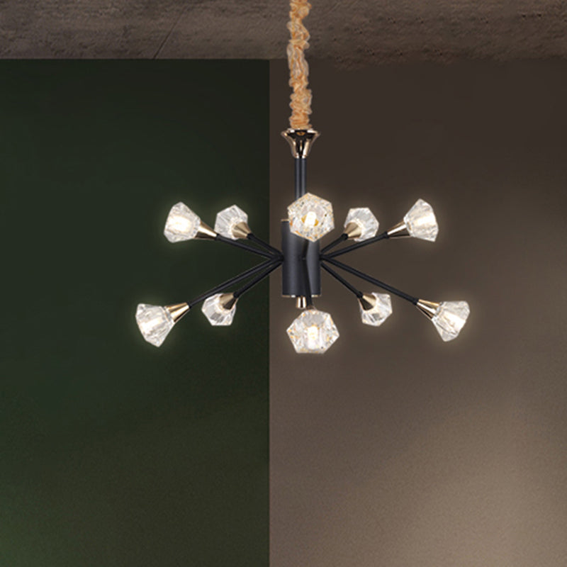 Pyramid Crystal Sputnik Semi Flush Mount Fixture Modern 10 Heads Living Room Ceiling Lamp in Black Black Clearhalo 'Ceiling Lights' 'Chandeliers' Lighting' options 293462_2538279d-4851-4ad1-b71b-c867daba1435