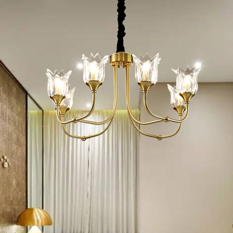 Flower Clear Glass Pendant Light Postmodern 6 Heads Dining Room Chandelier Light Fixture in Gold Clearhalo 'Ceiling Lights' 'Chandeliers' Lighting' options 293480