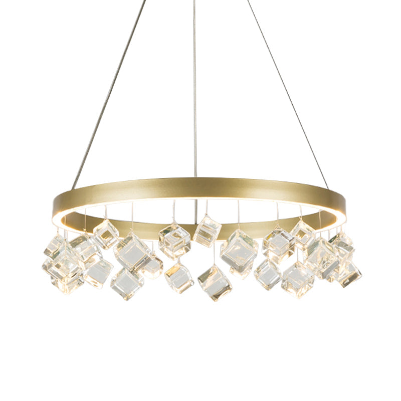 Metal Gold Hanging Pendant Light Ring LED Postmodern Ceiling Chandelier in Warm/White Light with Cubic Crystal Drop Clearhalo 'Ceiling Lights' 'Chandeliers' Lighting' options 293489