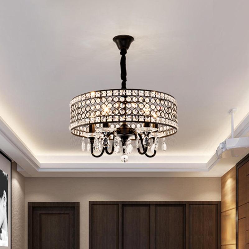 Crystal Encrusted Drum Suspension Pendant Modern 4 Heads Dining Room Chandelier Lamp in Black Black Clearhalo 'Ceiling Lights' 'Chandeliers' Lighting' options 293516_fe455f68-7716-4330-90f6-0e532eb0ebc3