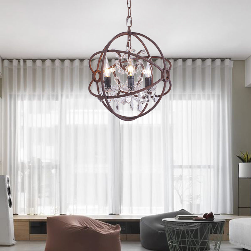 Crystal Drop Rust Ceiling Light Fixture Orbit 3 Heads Vintage Chandelier Pendant Light Clearhalo 'Ceiling Lights' 'Chandeliers' Lighting' options 293556
