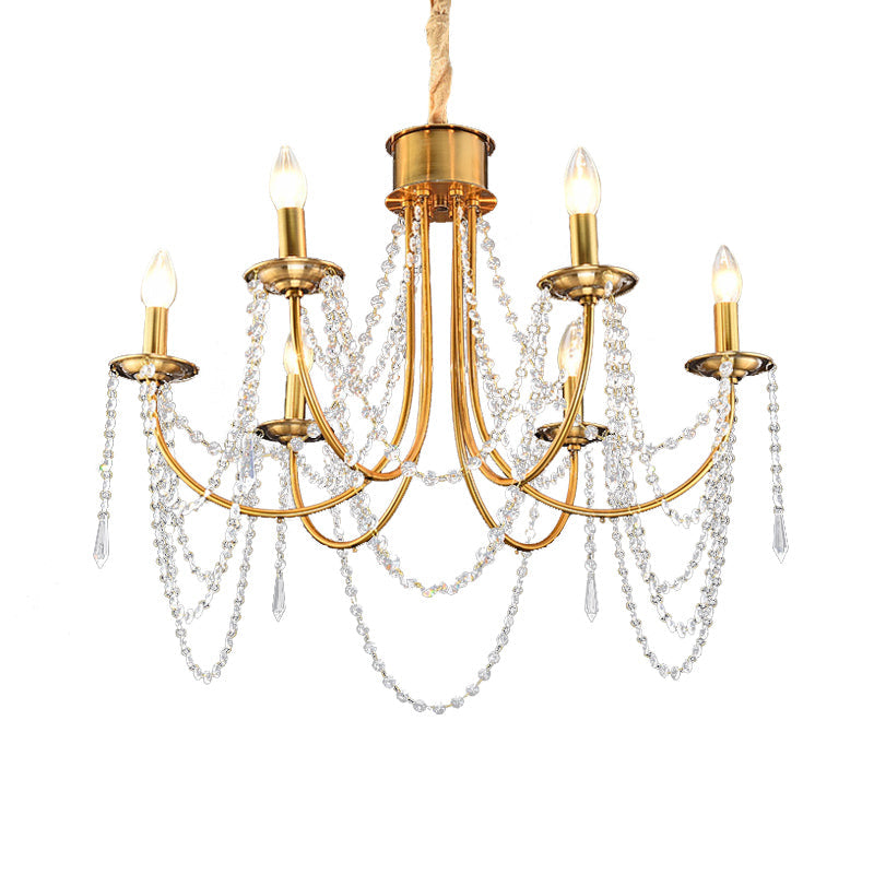 6 Heads Candle Style Ceiling Pendant Light Modern Gold Crystal Beaded Ceiling Chandelier Clearhalo 'Ceiling Lights' 'Chandeliers' Lighting' options 293603
