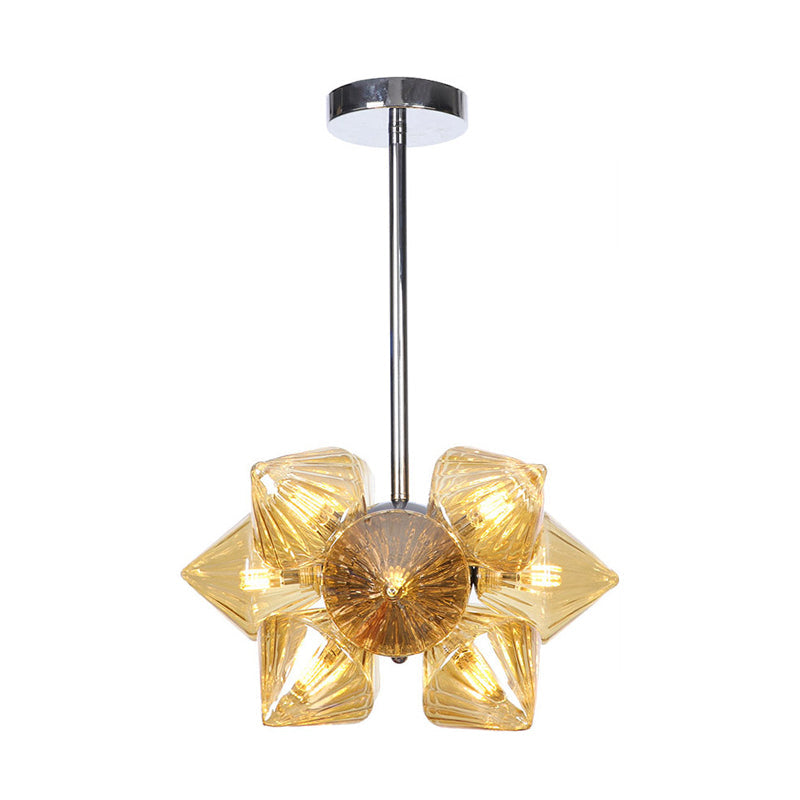 Black/Chrome Prism Semi Flush Light Vintage Clear/Amber Ribbed Glass 9/12 Lights Living Room Ceiling Lamp 9 Chrome Amber Clearhalo 'Ceiling Lights' 'Close To Ceiling Lights' 'Close to ceiling' 'Glass shade' 'Glass' 'Semi-flushmount' Lighting' 294666