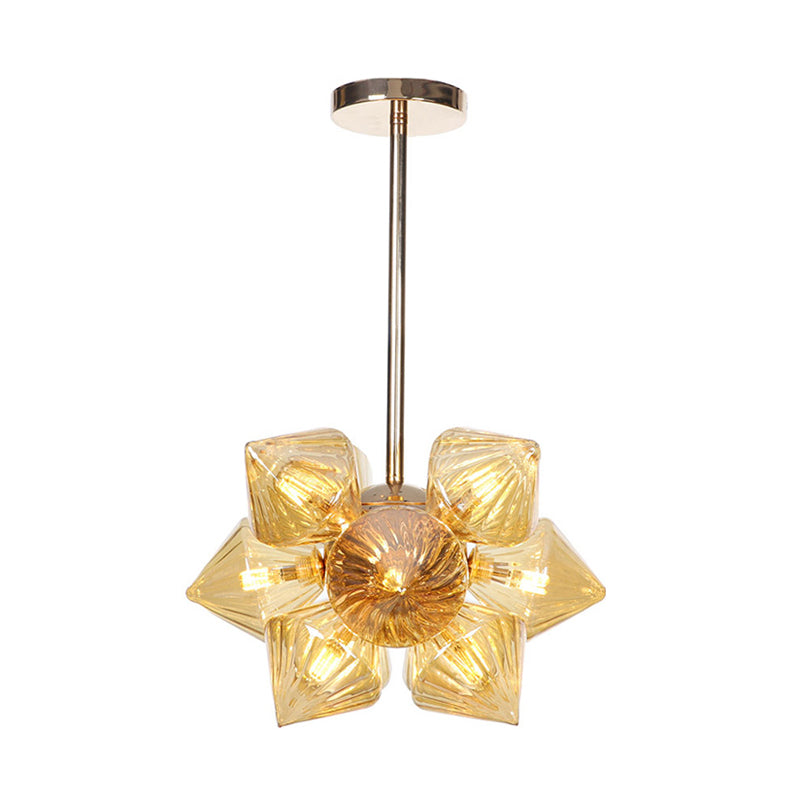 9/12 Lights Clear/Amber Glass Ceiling Light Fixture Vintage Copper Prism Living Room Semi Mount Lighting Clearhalo 'Ceiling Lights' 'Close To Ceiling Lights' 'Close to ceiling' 'Glass shade' 'Glass' 'Pendant Lights' 'Semi-flushmount' Lighting' 294677