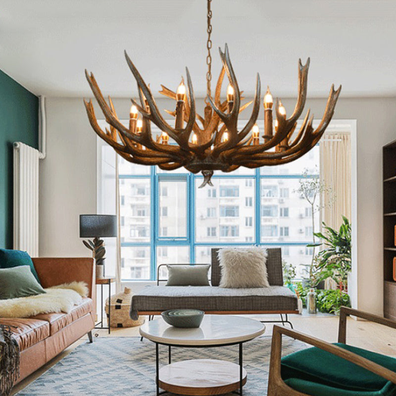 Branch Resin Pendant Chandelier Cottage 6/8/12 Heads Living Room Hanging Ceiling Light in Brown Clearhalo 'Ceiling Lights' 'Chandeliers' Lighting' options 295719