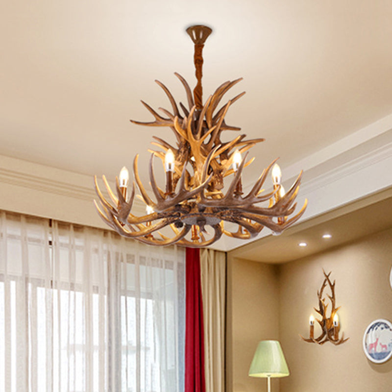 Rustic Deer Antler Chandelier Lamp 21.5"/25.5"/27.5" Wide 9/12 Heads Resin Ceiling Hanging Light in Brown for Living Room Brown 25.5" Clearhalo 'Ceiling Lights' 'Chandeliers' Lighting' options 295785_06957bce-8b5a-4fa7-8c6c-c02aaeb42f6d
