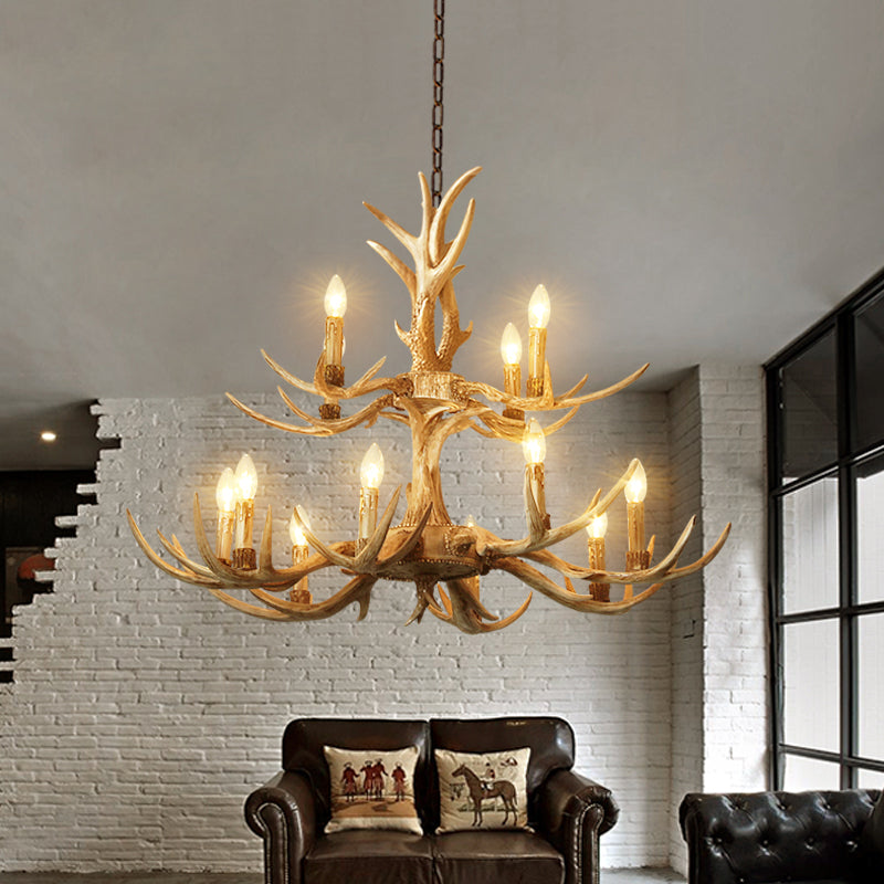 12 Heads Chandelier Lighting Farmhouse 2-Tier Resin Hanging Ceiling Lamp in Brown for Living Room Clearhalo 'Ceiling Lights' 'Chandeliers' Lighting' options 295796