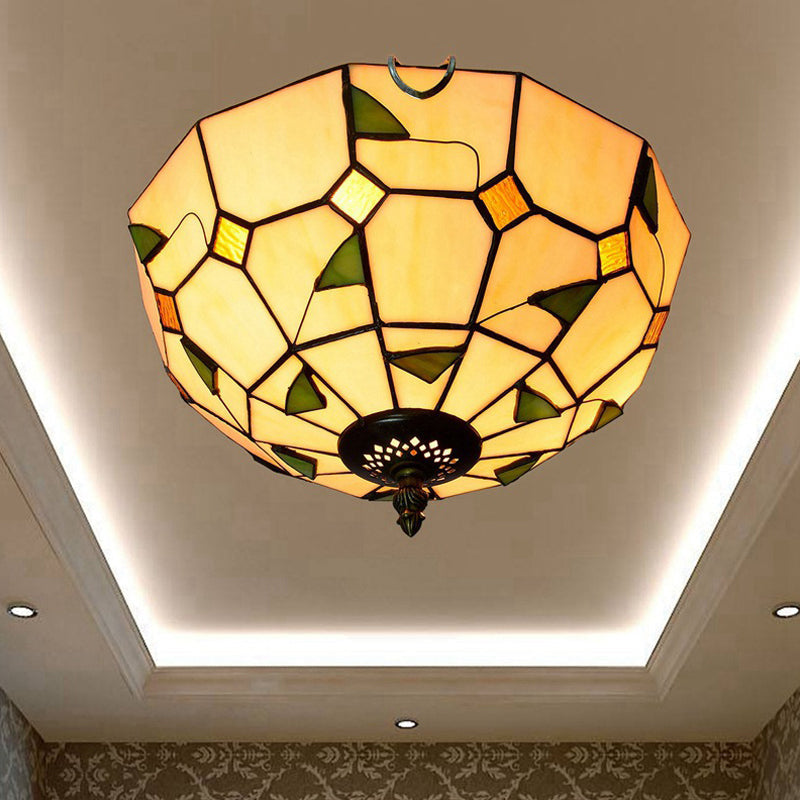 12"/16" W White Dome Ceiling Lamp Tiffany 2/3 Bulbs Multicolored Stained Glass Flush Mount Lighting Clearhalo 'Ceiling Lights' 'Close To Ceiling Lights' 'Close to ceiling' 'Flush mount' Lighting' 295807