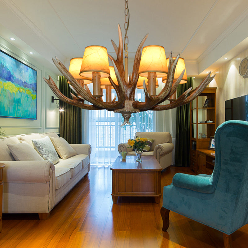 Resin Brown Ceiling Chandelier Branch 4/6/8 Bulbs Traditional Pendant Light Fixture with Beige Cone Fabric Shade Clearhalo 'Ceiling Lights' 'Chandeliers' Lighting' options 295814