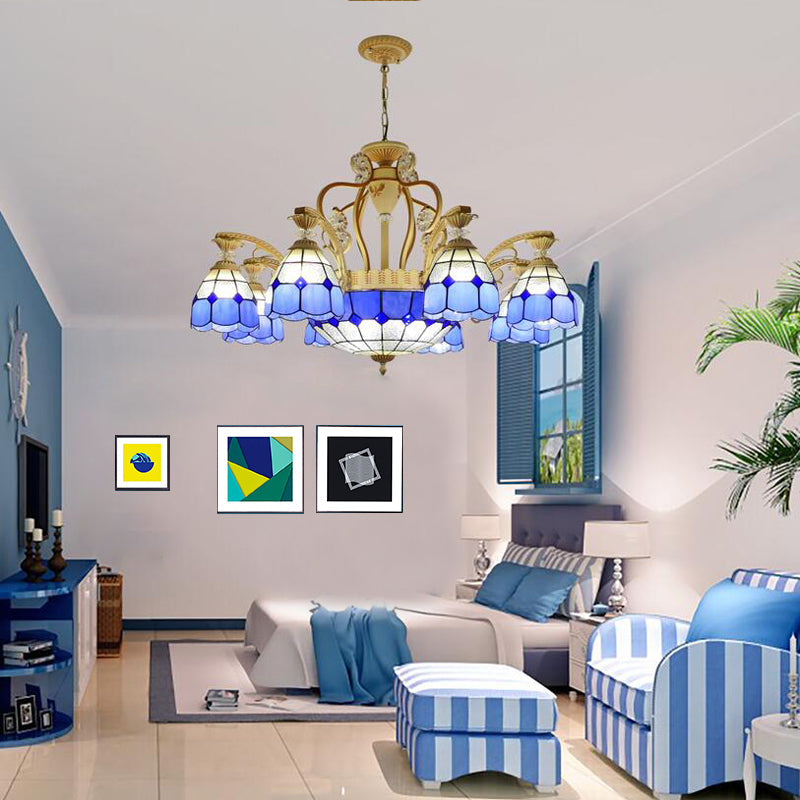 Cut Glass Orange/Blue/Dark Blue Hanging Chandelier Domed 8/11 Lights Tiffany Style Pendant Light Kit, 31.5"/37.5" Wide Clearhalo 'Ceiling Lights' 'Chandeliers' 'Close To Ceiling Lights' 'Industrial' 'Middle Century Chandeliers' 'Tiffany Chandeliers' 'Tiffany close to ceiling' 'Tiffany' Lighting' 295886